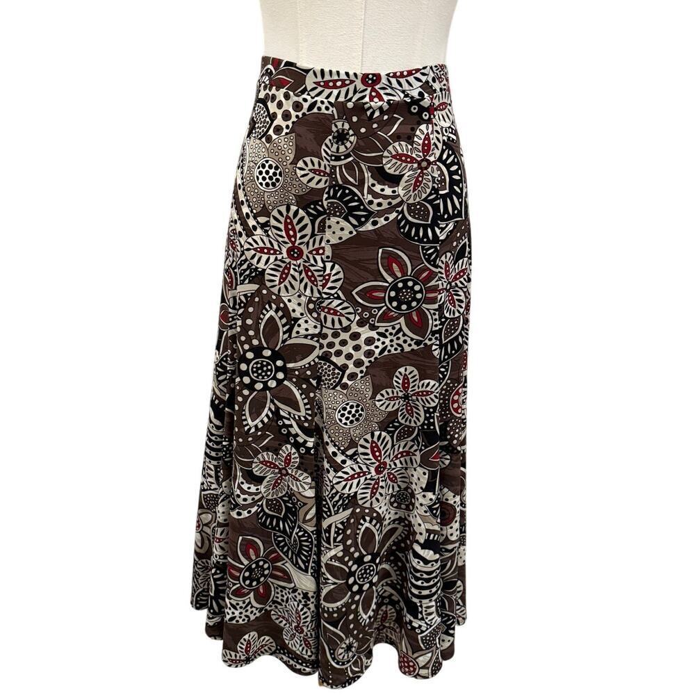 Chico’s Brown Abstract Floral Print Midi Skirt 0 / Small Fall Boho Chic Autumn